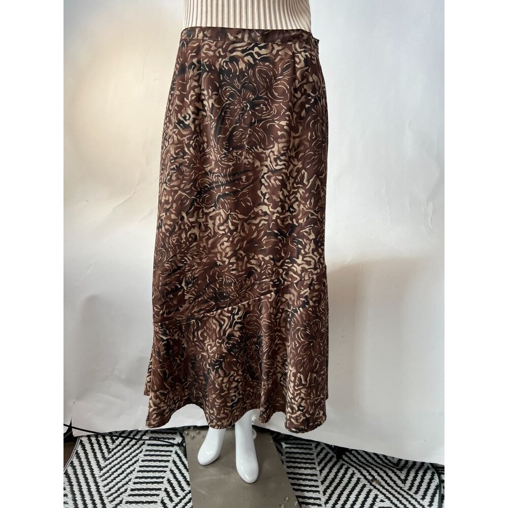 Sag Harbor Brown Floral Midi Skirt With Flared Hem S Polyester Elastic Waist